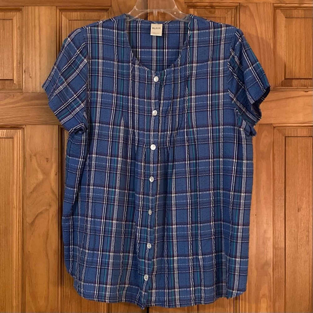 NWOT Blair Blouse Short Sleeve Top Blue White Women's Size L Large